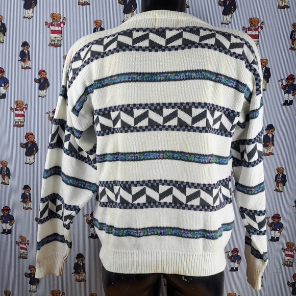 Vintage London Fog Towne Women's grandma stripe white LG tight knit sweater - Picture 3 of 5